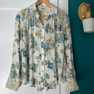 Free People Cream Floral Button-Up Blouse with Teal & Mustard Print